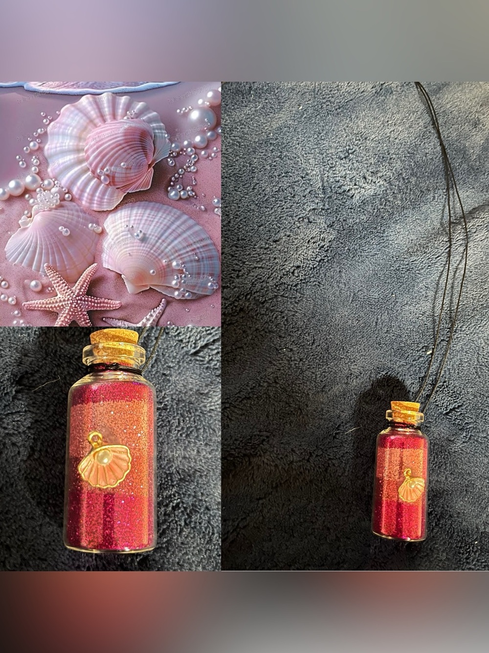 Pink Seashell & Pearl Fairy Potion Glitter Bottle Necklace w/ Pendant